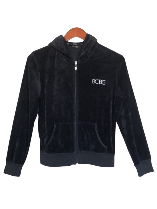 BCBGMaxAzria Jackets & Blazers - BCBGMaxAzria Black Velour Rhinestone Logo Zip-Up Hooded Jacket Medium
